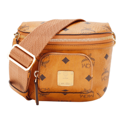 mcm奢侈品中性干邑色人造革配牛皮革超迷你腰包单肩斜挎包mmrbskc08co