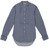 BURBERRY 博柏利 Burberry Grandad Collar Pleated Bib Cotton Shirt In Denim Blue