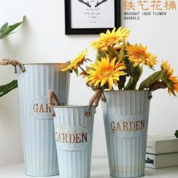 花瓶花器 复古做旧铁皮花桶花店鲜花桶插花桶麻绳双耳装饰醒花桶美式花桶多少钱 什么值得买