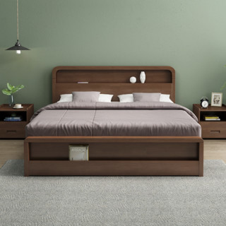 唐弓 简约加厚实木床+护脊床垫+床头柜 胡桃色 150*200cm 箱框款