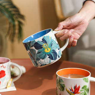 舍里 创意花鸟马克杯家用喝水把手杯子咖啡牛奶早餐杯大容量陶瓷杯 花鸟安士杯-蓝
