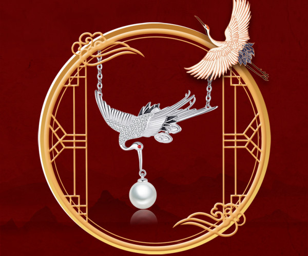 故宫文创国风仙鹤银项链仙鹤丹珠43x5cm