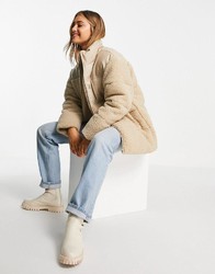 asos ASOS DESIGN leather look patched fleece puffer jacket in stone