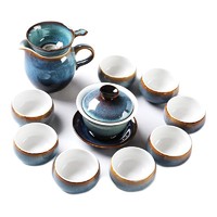 苏氏陶瓷 茶具套装新窑变银丝釉泡茶碗苹果功夫茶杯陶瓷三才盖碗13头礼盒装