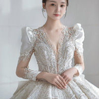 HUAQINGZI/花清姿 法式婚纱2021新款新娘主纱长袖冬季宫廷风重工复古缎面拖尾高级感 xs 齐地婚纱(送头纱裙撑手套皇冠)