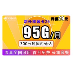 CHINA TELECOM 中国电信 新长期翼卡29包95G全国流量+300分钟国内通话 不限速 长期套餐