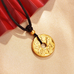 老庙黄金黄金双面慈恩扣黑绳带金珠足金挂坠送礼物颈饰黄金项链