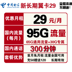 CHINA TELECOM 中国电信 新长期翼卡 29元包65G全国流量+30G定向流量+300分钟