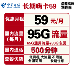 CHINA TELECOM 中国电信 长期嗨卡 59元/月（95G通用流量+500分钟通话）
