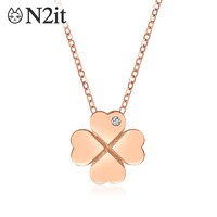 N2it 时尚女士四叶草钻石版玫瑰金色项链