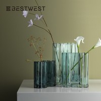 BEST WEST 花口扁缸 竖楞玻璃花瓶摆件 透明蓝石色