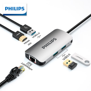 PHILIPS 飞利浦 Type-C扩展坞苹果电脑华为 HDMI高清4K转换器 USB-C转千兆网口手机投屏器分线器转接头拓展坞 1607F