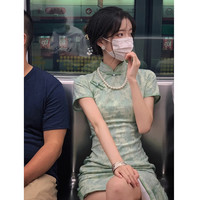 绣玫 旗袍年轻款高端气质改良长款素雅少女绿色雪纺2022年春夏新款 xxl 绿色