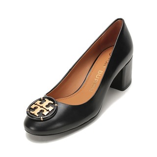 TORY BURCH 羊皮圆头粗跟高跟鞋皮鞋黑色金属LOGO 76483 006