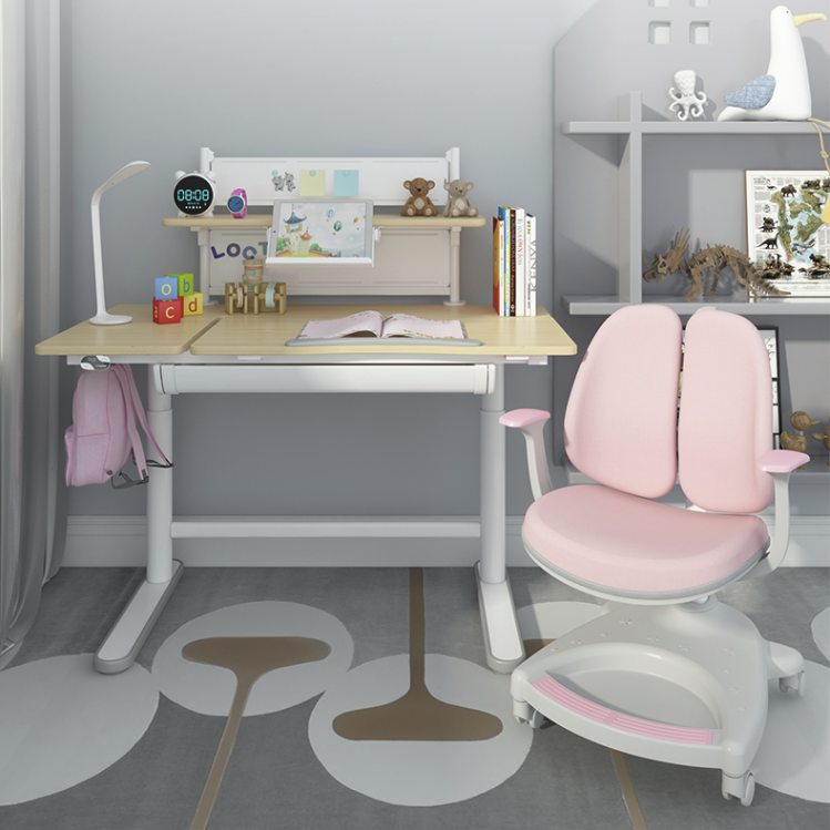 loctek 乐歌 ec2 白色电动儿童学习桌套装 粉色双背椅款