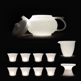 苏氏陶瓷 SUSHI CERAMICS）羊脂玉功夫茶具套装古青铜器纹浮雕工艺陶瓷泡茶壶高品质功夫茶杯带礼盒套装