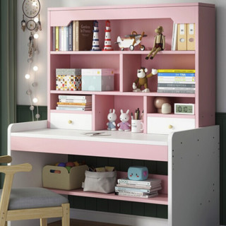 MIHAO 米昊 书柜一体桌 暖白+粉色 100*55*154cm 六格两柜款