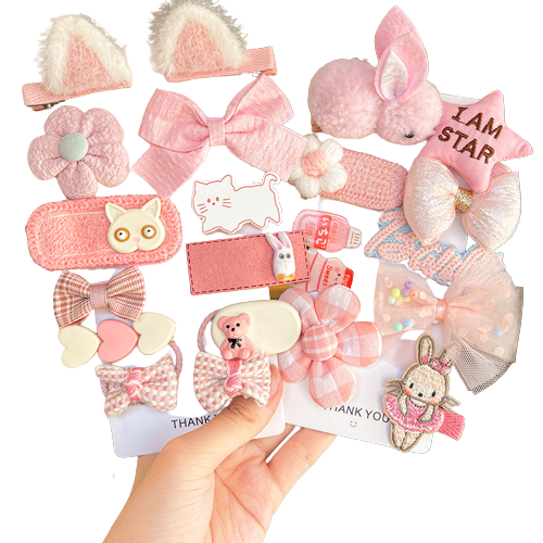 娃们 T384 女童发夹发圈 粉色格子 22件套