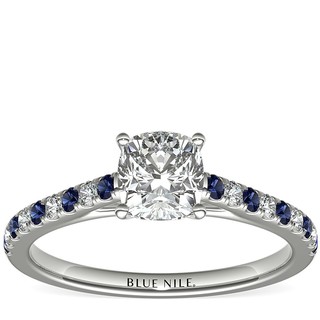 补贴购：Blue Nile 1.01 克拉垫形钻石+Riviera 微密钉蓝宝石与钻石戒托