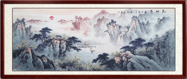 尚得堂 刘磊 手绘山水风景装饰画《乾坤聚玉》装裱218x88cm 宣纸 沙比利实木框