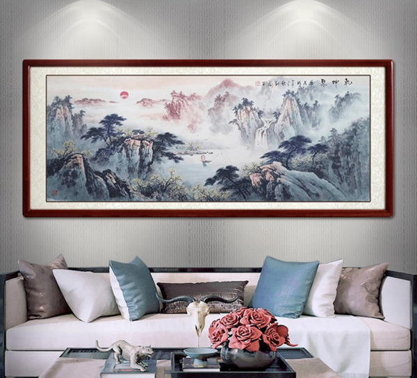 尚得堂 刘磊 手绘山水风景装饰画《乾坤聚玉》装裱218x88cm 宣纸 沙比利实木框
