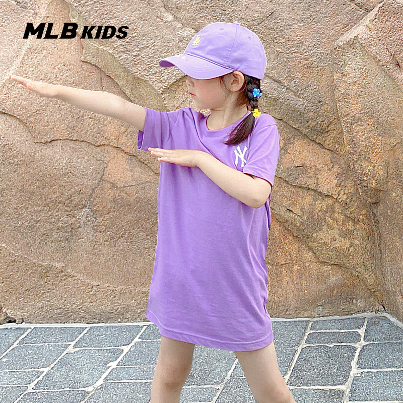 MLB儿童官方女童时尚T恤连衣裙洋气宽松运动短袖中长裙子新款 紫罗兰色 110cm