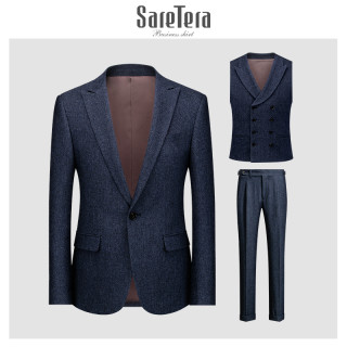 羊毛西装男套装粗花呢人字纹新郎结婚礼服商务休闲定制英伦风西服