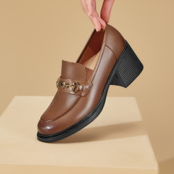 意尔康女士单鞋_yearcon 意尔康 春季新款英伦粗高跟小皮鞋马衔扣复古