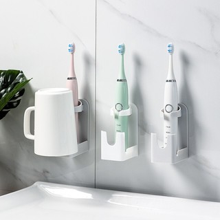 创意二合一免打孔壁挂式电动牙刷架 浴室自粘无痕牙刷通用置物架牙刷杯架牙具座牙刷座 2个装