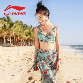 李宁（LI-NING）2019新款泳衣女性感比基尼三件套钢托聚拢时尚泳装 绿色 L