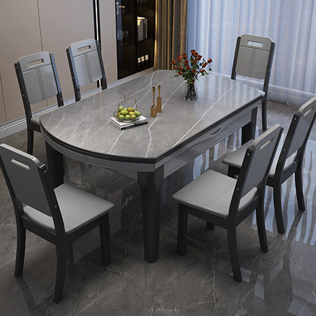 初屋 餐桌 岩板餐桌简约现代可变圆桌伸缩折叠 黑灰色（阿玛尼灰岩板桌面） 1.35米一桌六椅