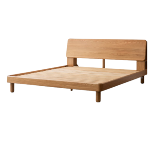 全实木床现代简约橡木大床北欧小户型卧室夜灯双人床 原木色低铺单床1.2*2m