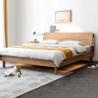 现代简约橡木大床北欧小户型卧室夜灯双人床 原木色低铺单床1.8*2m