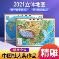 中国地图出版社 2021中国地图3d立体地形图+世界地图三维凹凸墙贴 1.1x0.8米 裴秀奖精雕版