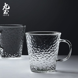 九土ins风日式手工透明玻璃杯带盖单层家用耐热锤纹玻璃水杯带把手花茶杯冷饮果汁杯 高矮