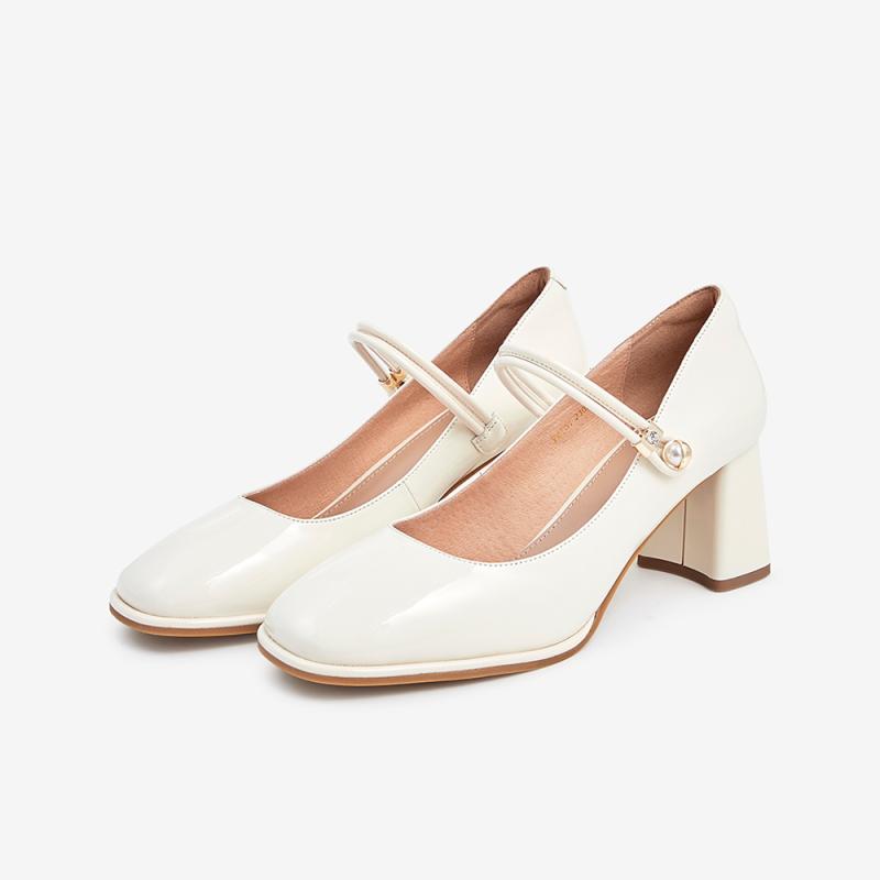 Tata 他她 2022春粗跟单鞋浅口玛丽珍鞋百搭高跟女鞋新YMI01AQ2【预售】 米白 36