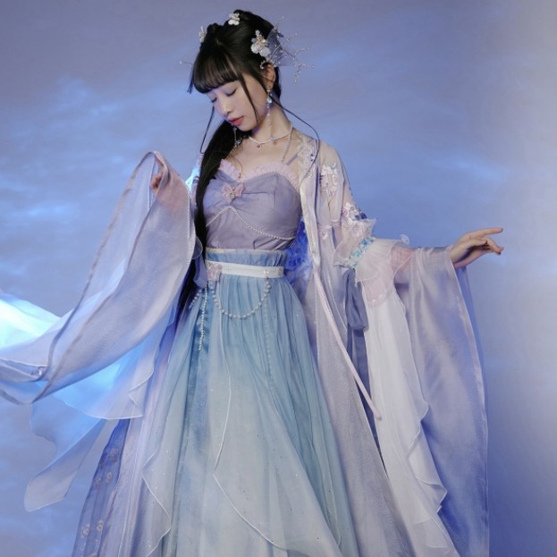 十三余小豆蔻儿 漢服 ロングワンピース　Sサイズ【限定売り出し】 十三余小豆蔻儿x迪士尼海域童话宋制汉服大袖衫+吊带+三裥裙+羽袖