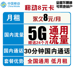 China Mobile 中国移动 移动8元卡 8元月租（5G通用流量、30分钟通话）