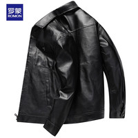 ROMON 罗蒙 皮衣男春秋季2022商务休闲翻领皮夹克中年男士爸爸装外套上衣男装 黑色 175