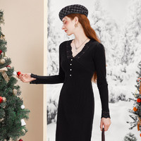 La Chapelle 黑色修身针织连衣裙女2021年秋冬新款蕾丝v领打底毛衣裙