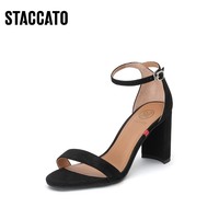 STACCATO 思加图 夏季新款一字带粗跟高跟简约羊绒皮革女皮凉鞋9VN58BL0