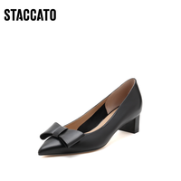 STACCATO 思加图 新款通勤蝴蝶结尖头单鞋通勤中跟粗跟皮鞋EBD06CQ1