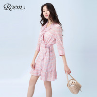 Roem 衣恋旗下夏季复古v领短裙雪纺系带连衣裙RCOW92301CRCOW92301C