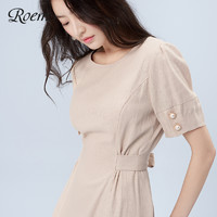 Roem 短袖淑女连衣裙纯色复古亚麻中长裙RCOW92405M