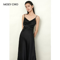 MOLY CHO 斜裁荡领缎面仿醋酸吊带裙夏连衣裙女内搭打底中长款裙子 XS 黑色 M203355