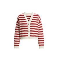 HOPESHOW 红袖 女士V领针织开衫 90122470105 白底红条 M