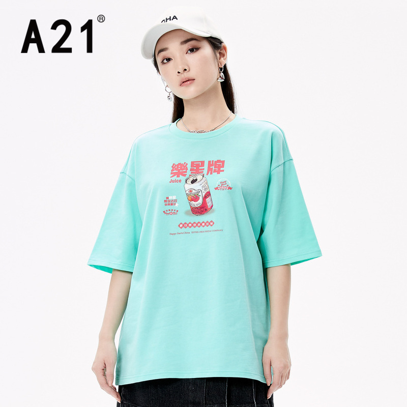 A21 女士圆领落肩中袖T恤 F422231101