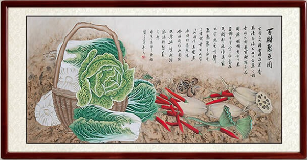 尚得堂韩梅百财聚来图装裱165x85cm宣纸沙比利实木框