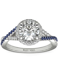 Blue Nile 0.51克拉圆形切工+蓝宝石光环与钻石光环扭纹戒托