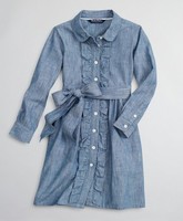 Brooks Brothers Girls Cotton Chambray Ruffle Shirt Dress